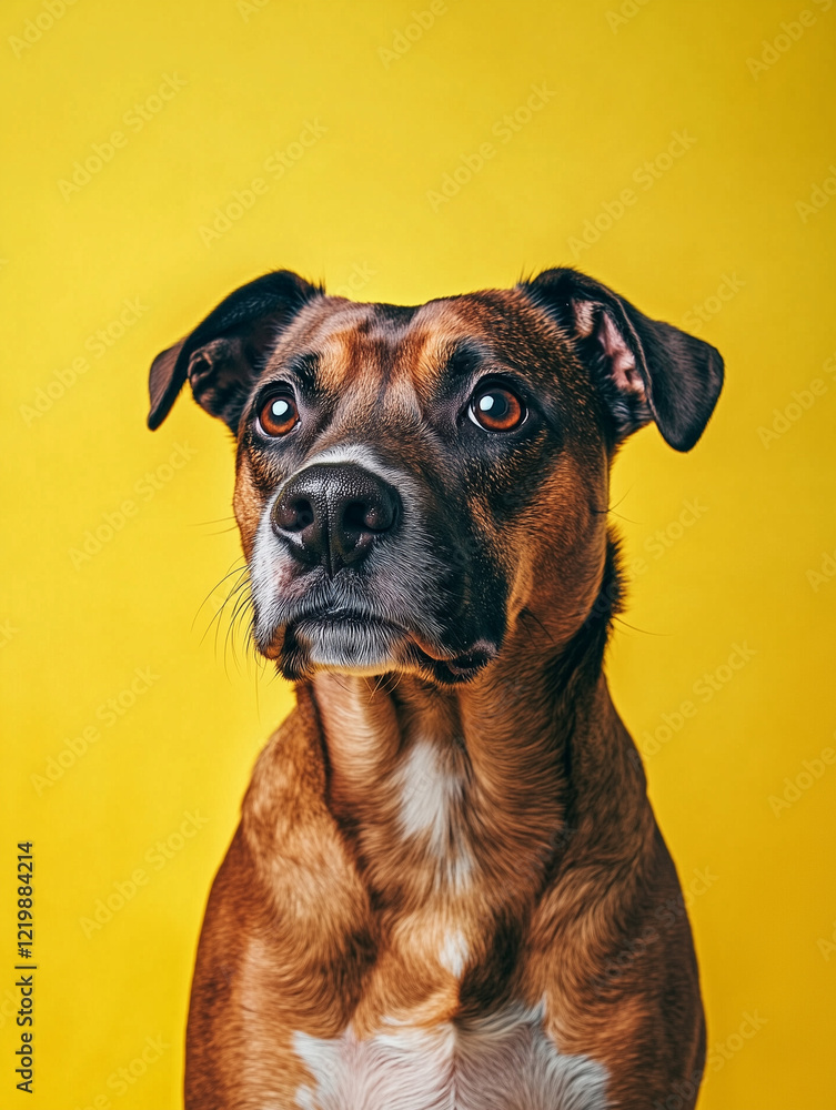 close up of a dog on yellow background close up of a dog on yellow background