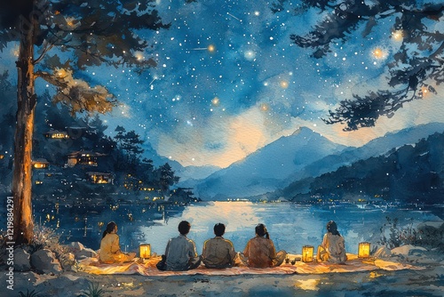 Wallpaper Mural Soft watercolor scene an outdoor film festival with people seated on blankets under the stars Torontodigital.ca