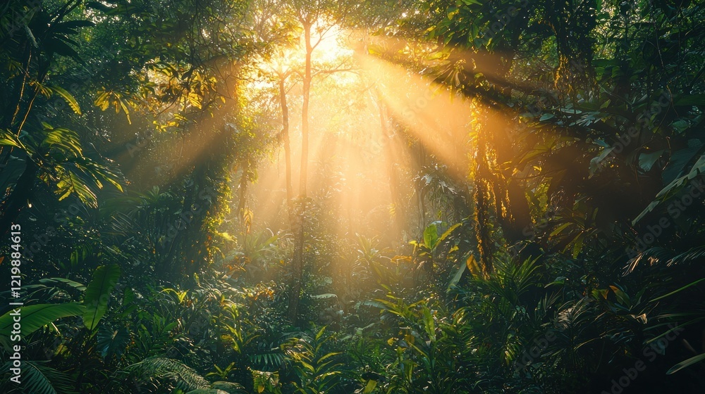 Obraz premium Sunbeams shining through a lush, vibrant rainforest canopy.