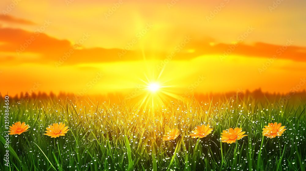 Fototapeta premium Golden hour photo - dew kissed grass with blazing sunset. Blazing Meadow. Illustration