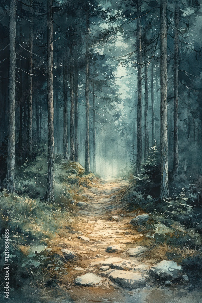 Fototapeta premium Soft watercolor scene a foggy forest path early in the morning
