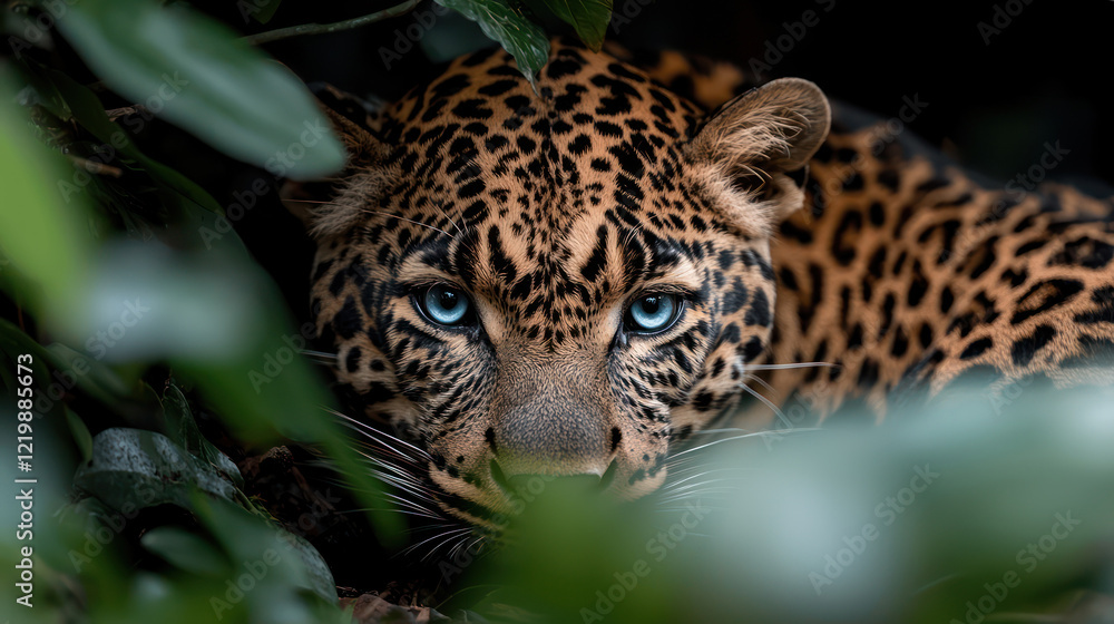 Naklejka premium A close-up of a leopard with striking blue eyes peering through lush foliage.