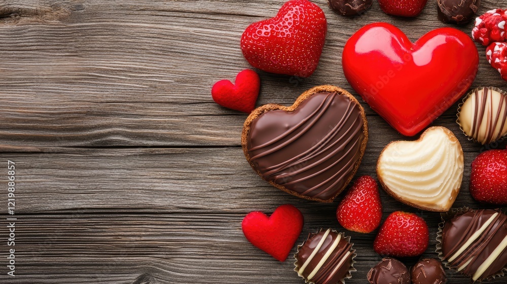 Fototapeta premium Valentine's day dessert display rustic setting sweet treats wooden background aesthetic arrangement