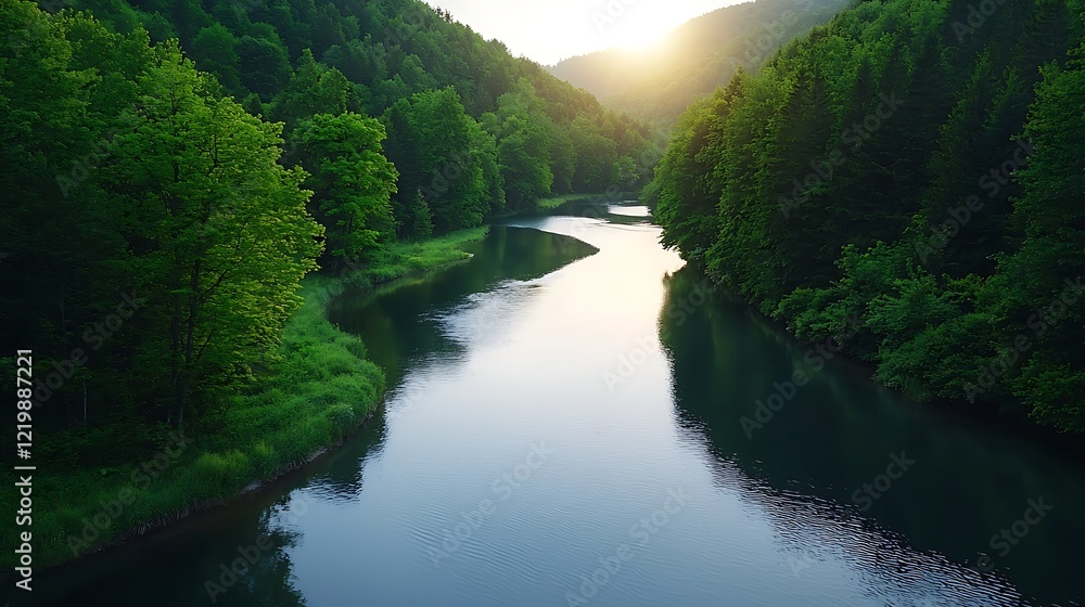 Serene River Winding Through Lush Green Forest at Sunrise Serene River Winding Through Lush Green Forest at Sunrise