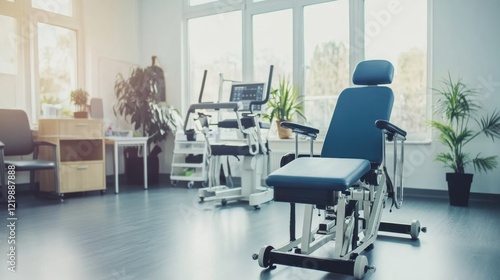 Modern rehabilitation facility equipment in a bright, spacious clinic with patients using advanced tools for physical therapy. Innovative healthcare technology supporting recovery and wellness.