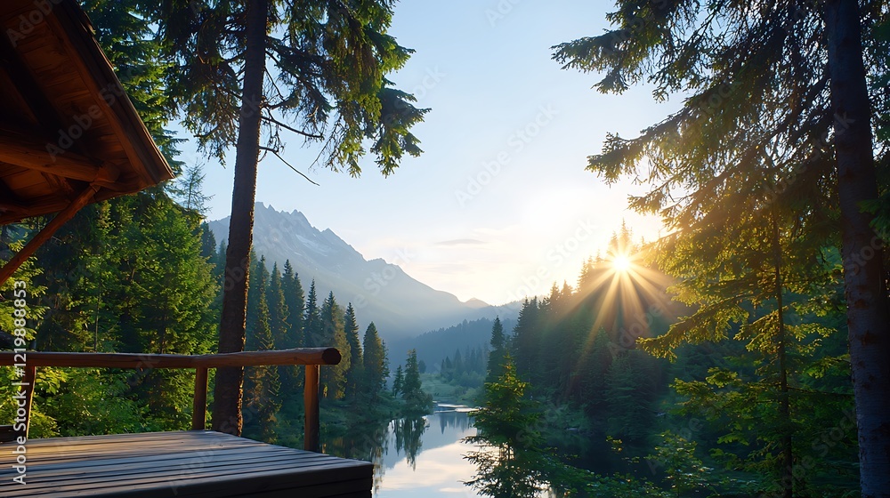 Obraz premium Serene Sunrise Over Mountain Lake and Forest From Cabin Deck