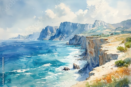 Tranquil watercolor landscape a seaside cliff with waves crashing below