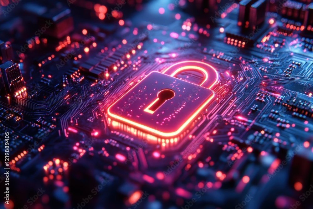 Glowing Digital Lock and Circuit Patterns in Cyberpunk Style with Neon Lighting Glowing Digital Lock and Circuit Patterns in Cyberpunk Style with Neon Lighting
