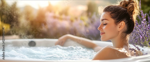 promotional photo of a woman on a wellness treatment in a hot tub with lavender she is relaxed and calm 23 of the text space
