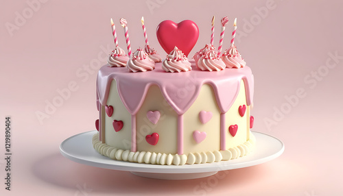 Romantic Pink Heart Cake with Candles Valentines Day Dessert