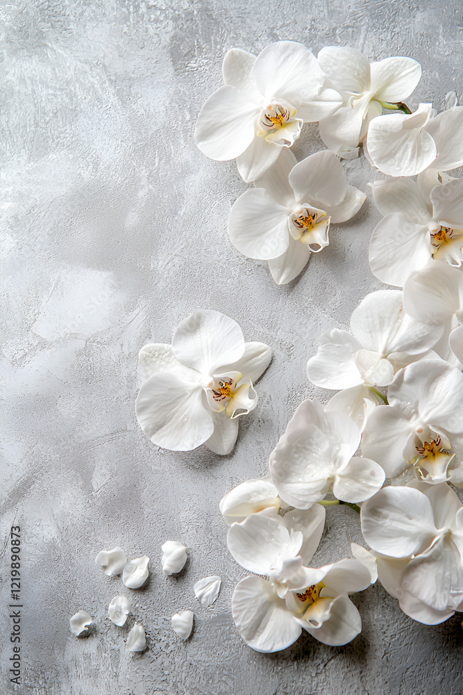 Elegant white orchids arranged on a textured gray surface. Delicate petals and subtle water droplets create a serene and luxurious feel.