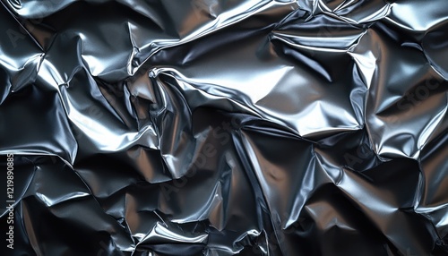 Crumpled Aluminum Foil Close-Up with Shiny Textured Surface and Dramatic Lighting for Abstract Background photo