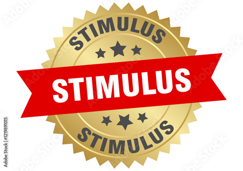 stimulus. stimulus round red and gold label isolated on transparent background