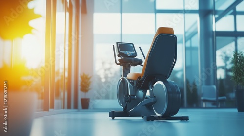 Modern rehabilitation facility equipment in a bright, spacious clinic with patients using advanced tools for physical therapy. Innovative healthcare technology supporting recovery and wellness.