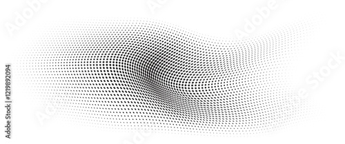 Flowing Wave Dot Halftone Pattern: Curve Gradient Shape on Transparent Background. Suitable for AI, Tech, Network, Digital, Science, and Technology Themes.