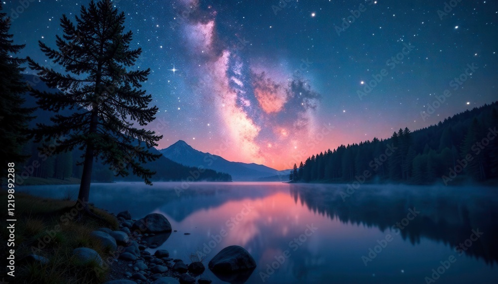 Fototapeta premium Milky Way shining through the trees above a lake, atmospheric, peaceful, stars