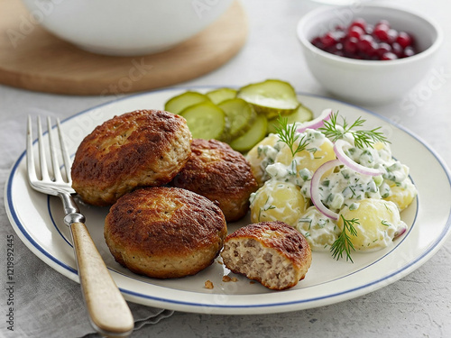 A close-up, high-quality photograph showcasing a plate of traditional Danish frikadeller, golden brown and perfectly cooked, with a subtle sheen from the rendered fat. photo