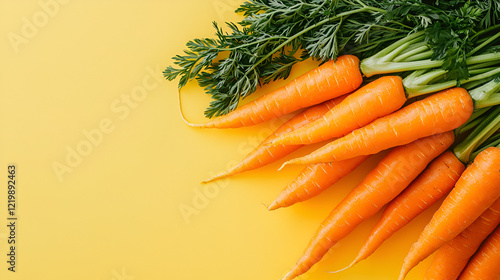 Freshly harvested carrots with vibrant green tops, arranged against a sunny yellow backdrop.  Perfect for healthy recipes!