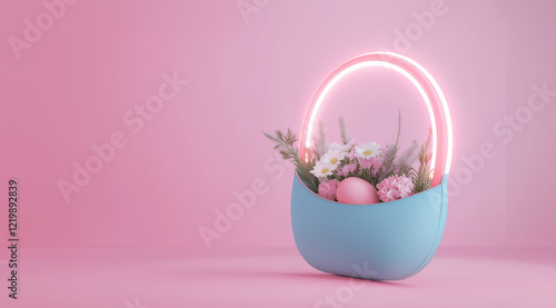 Pastel Easter basket glowing with neon light, filled with eggs and flowers. Perfect for modern holiday designs, spring promotions, or creative social media content.