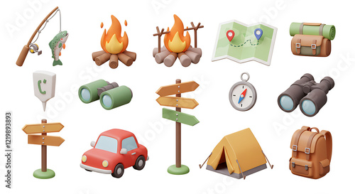 Tourist set icon 3d cartoon vector. Fishing rod and trout, fire, map and compass, binoculars, car, sign, tent, backpack
