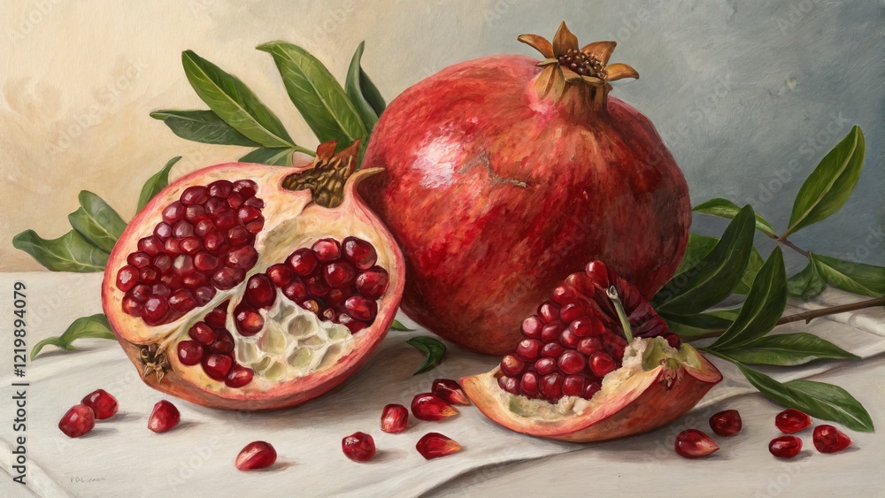 Oil Painting of Pomegranates Still Life Composition, Realistic Style, Juicy Red Fruit, Pomegranate Seeds Pomegranate, Still Life Painting Oil Painting of Pomegranates Still Life Composition, Realistic Style, Juicy Red Fruit, Pomegranate Seeds Pomegranate, Still Life Painting