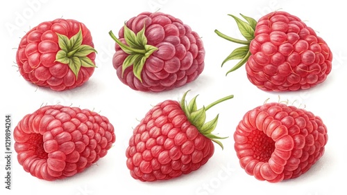 Six Raspberries Colored Pencil Illustration, Detailed Composition, Juicy Fruit Concept, Raspberry Image, Botanical Art Raspberry, Fruit Illustration