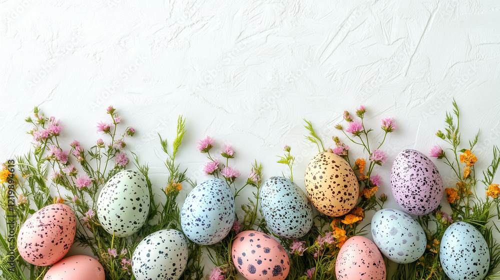 Obraz premium A vertical image with pastel-colored Easter eggs and delicate pink flowers arranged along one side, leaving a clean white space on the other for text or designs.