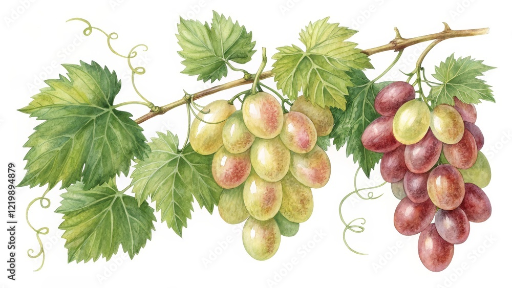 Obraz premium Watercolor Painting of Green and Red Grapes on Vine, Botanical Illustration, Fruit, Grapes, Vine Grapes, Watercolor painting