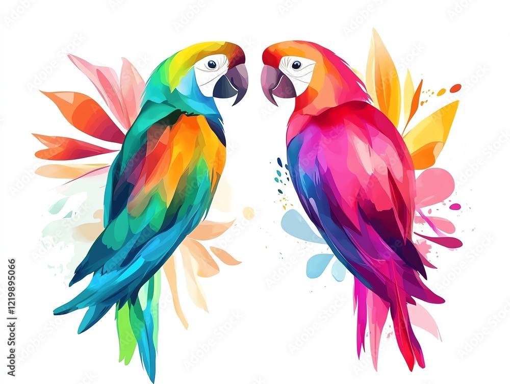 Obraz premium Vibrant and colorful parrots showcasing their beauty and charm in a lively and artistic manner.