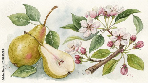 Watercolor Pears and Blossoms Botanical Illustration, Fruit, Flowers, Watercolor Painting, Spring Botanical art, Watercolor painting
