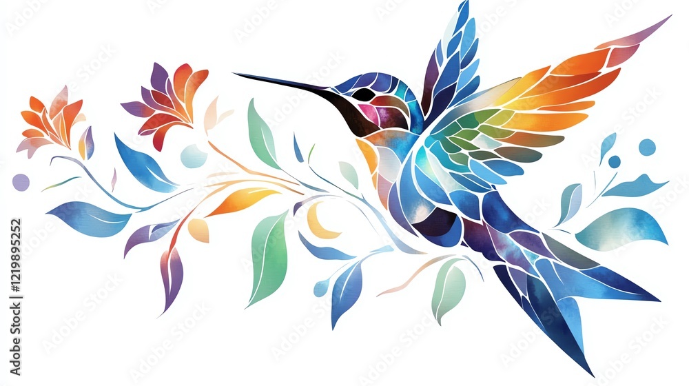 Obraz premium A vibrant watercolor illustration of a hummingbird surrounded by colorful flowers and leaves.