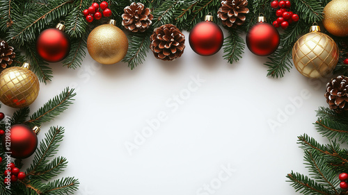 A horizontal image featuring a festive Christmas border composed of evergreen branches, red and gold ornaments, pine cones, and berries. 