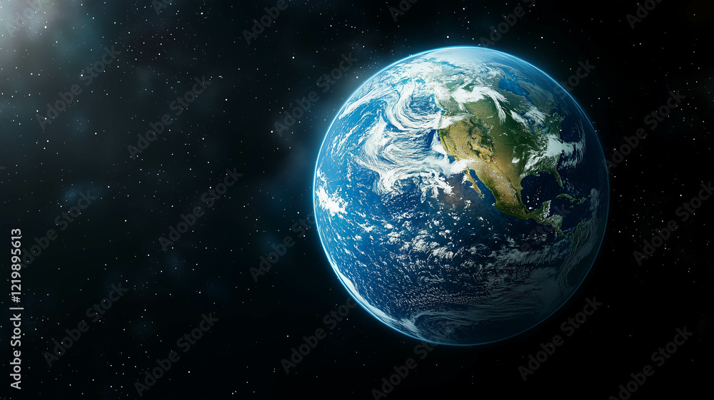 Obraz premium A high-resolution image of planet Earth viewed from space, showing the curvature of the planet and the details of the continents and oceans. environmental, science, nature --chaos 35 --ar 16:9 --styli