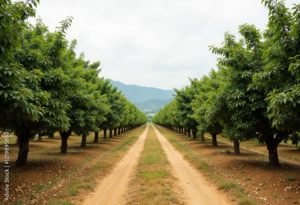 Dirt path through rows of green trees with mountains in distance Dirt path through rows of green trees with mountains in distance