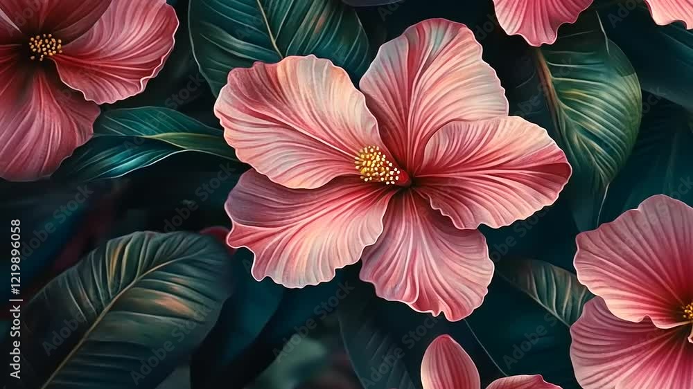 custom made wallpaper toronto digitalLush Pink Hibiscus Blossom in Deep Green Foliage