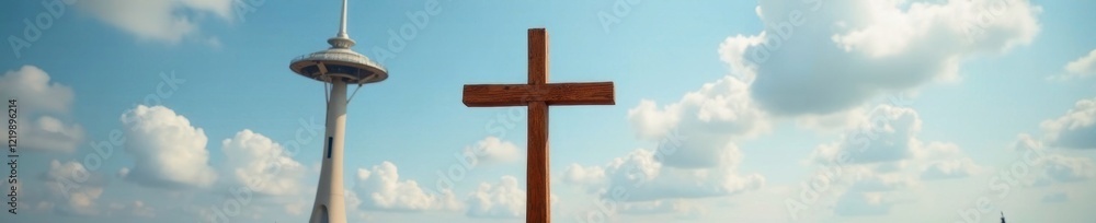 Cross of wood supported by a modern metal pedestal, urban_landmark, modern_sculpture, minimalist_design Cross of wood supported by a modern metal pedestal, urban_landmark, modern_sculpture, minimalist_design