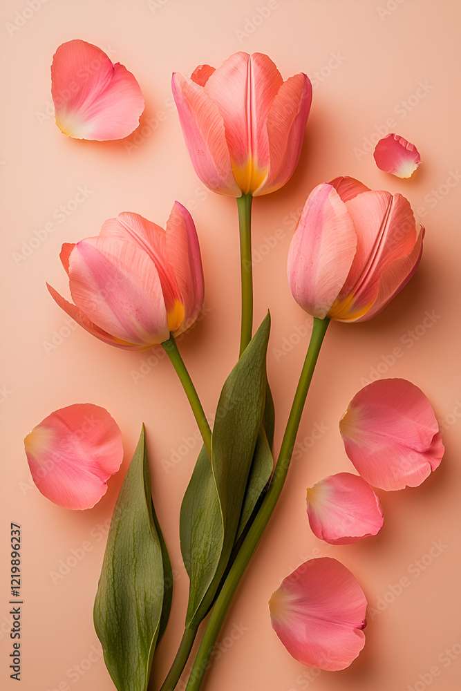 Naklejka premium Three pink tulips and scattered petals on a peach background. A lovely spring floral arrangement.