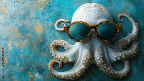 A playful octopus wearing sunglasses is posed against a teal background. The image is whimsical and could be used for various creative purposes.