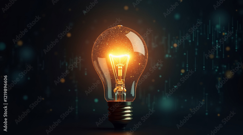 Energy radiates from a bright lightbulb with a circuit board in place of the filament against a black background of digital streams. It represents creativity and the development of technology.
Energy radiates from a bright lightbulb with a circuit board in place of the filament against a black background of digital streams. It represents creativity and the development of technology.