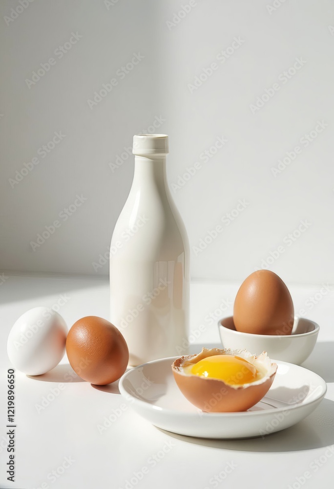 Milk bottle and several eggs on white surface with one cracked Milk bottle and several eggs on white surface with one cracked