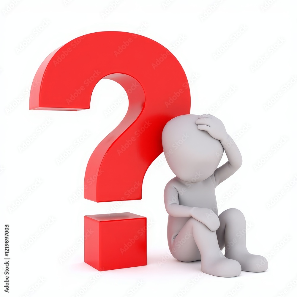 Person seated next to a large red question mark Person seated next to a large red question mark
