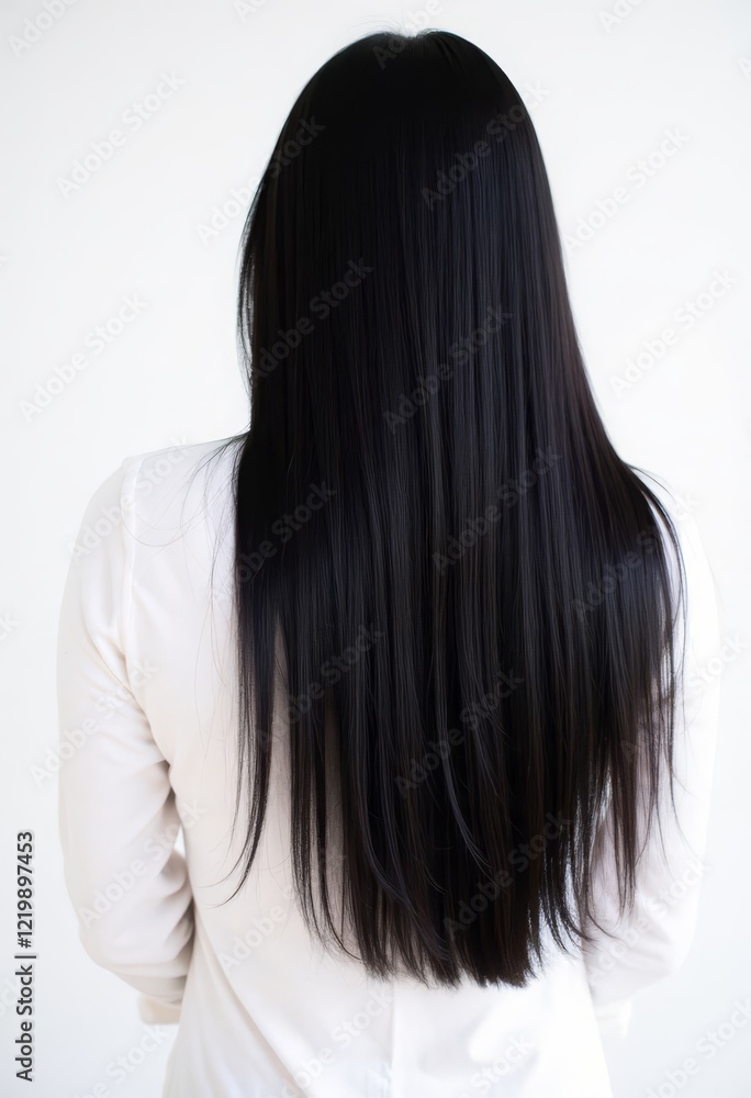 Person with long black hair and light colored shirt viewed from behind Person with long black hair and light colored shirt viewed from behind