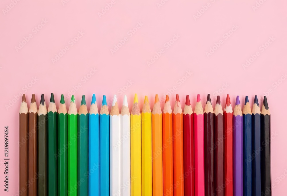 Row of colored pencils on a pink background Row of colored pencils on a pink background