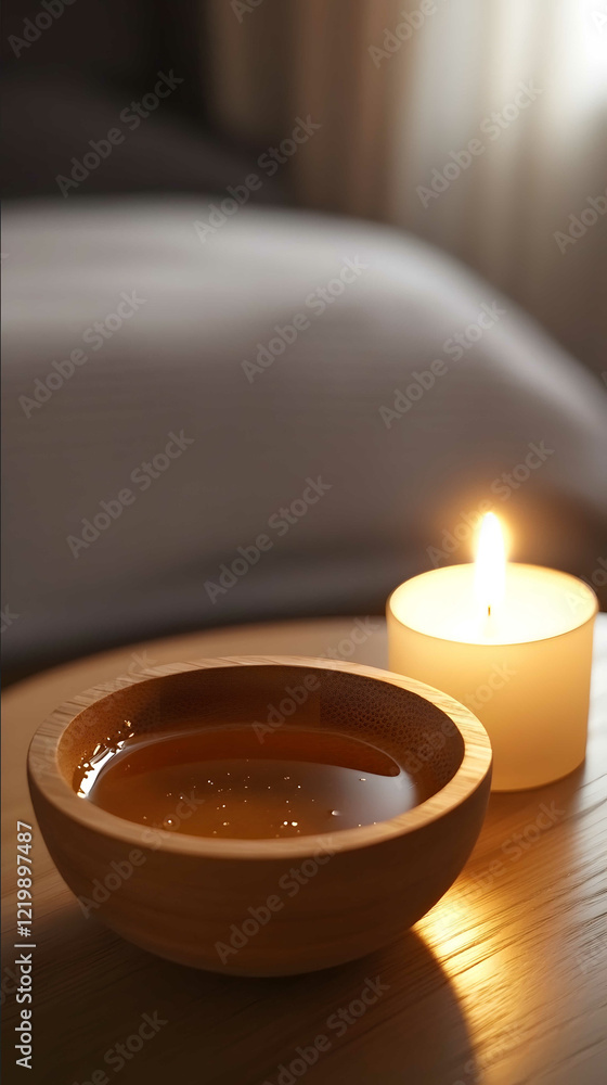 A wide shot of a wooden bowl containing honey on the table in a modern American bedroom next to a slender burning white candle with no smoke under bright light creatin A wide shot of a wooden bowl containing honey on the table in a modern American bedroom next to a slender burning white candle with no smoke under bright light creatin