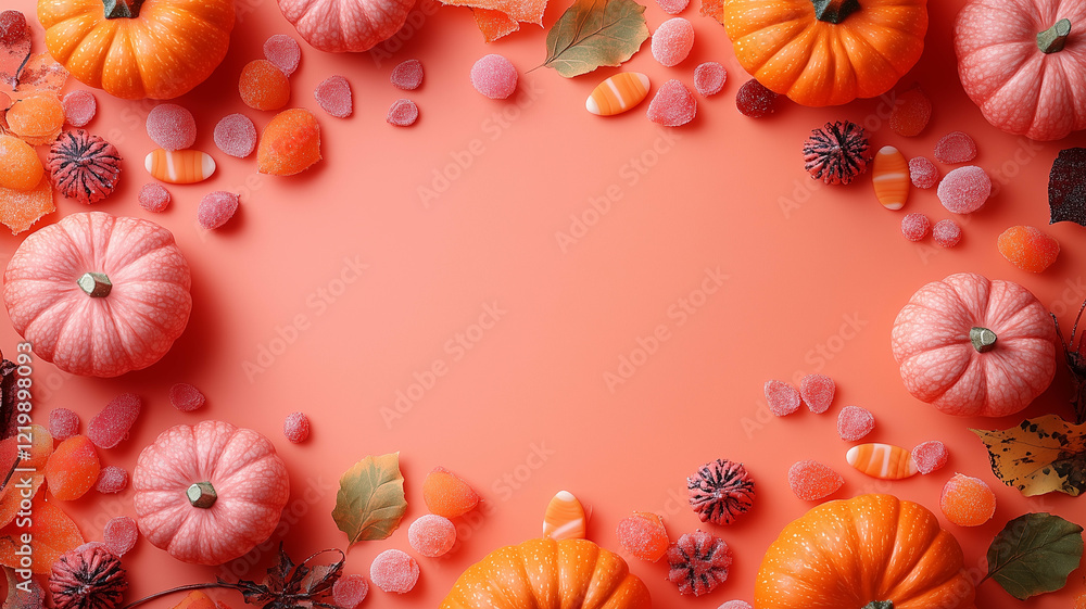 A Halloween-themed flat lay with pumpkins and spooky decorations on an orange background. A Halloween-themed flat lay with pumpkins and spooky decorations on an orange background.