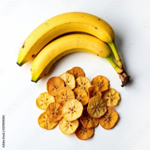 Two bananas and a pile of dried banana slices on white background photo