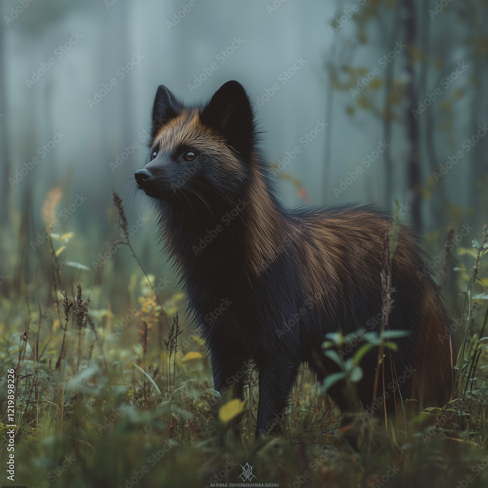 Beautiful red arctic fox standing in a misty meadow, showcasing its striking fur and alert expression Beautiful red arctic fox standing in a misty meadow, showcasing its striking fur and alert expression