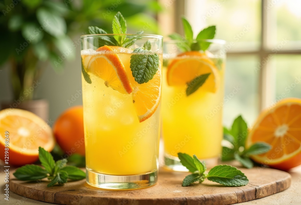 Two glasses of orange juice with mint garnish on wood board Two glasses of orange juice with mint garnish on wood board