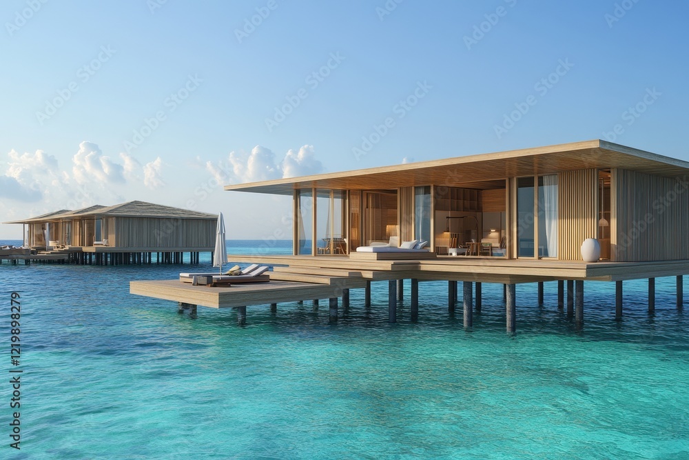 Fototapeta premium Tranquil Overwater Bungalows Surrounded by Clear Blue Waters and Lush Landscape, Perfect for Relaxation and Vacation Getaways in a Serene Tropical Paradise