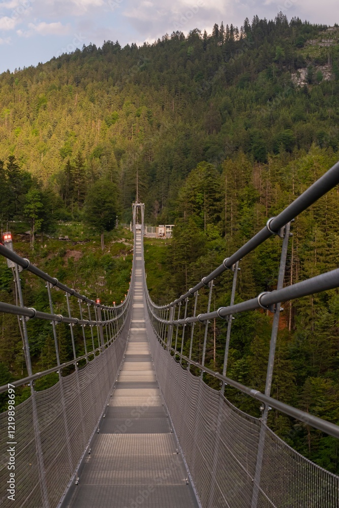 Obraz premium Bottom view of a modern pedestrian suspension bridge connecting castles on the mountain peaks of the Alps near Innsbruck. highline179